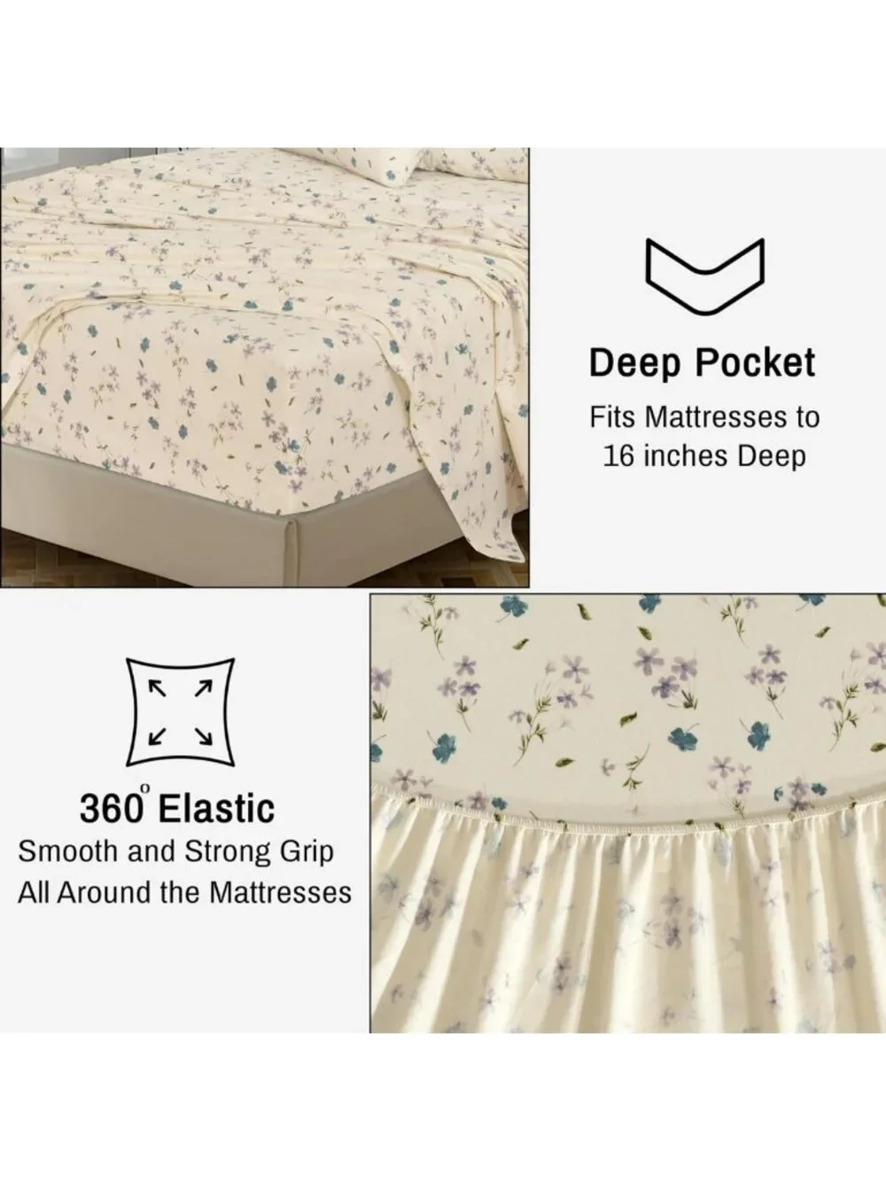 Cozy 100% Cotton Flannel Queen Sheet Set, 4 Pieces, Jasmine Floral Print
